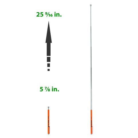 High Visibility Orange Magnetic Pick Up Tool With Telescoping Reach And Pocket Clip fully extended to 25 9/16 inches