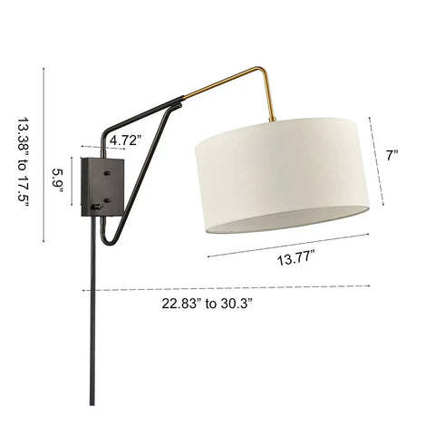 Modern Swing Arm Bedside Wall Lamp With Adjustable Arm And Wall Mount Plug In Or Hardwire Sconce Off White Fabric Shade Black Finish 13.77 Inch Bedroom Reading Light with dimensions