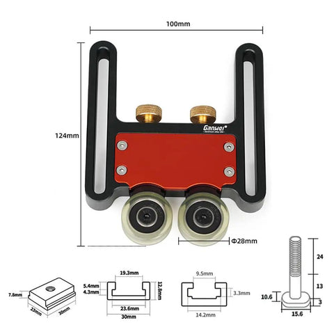 Heavy Duty Aluminum Alloy Table Saw Feeding Roller Guide With Ball Bearings For T Track Woodworking Fences, top view with dimensions.