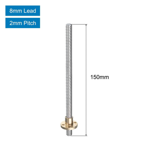Two Pack 6 Inch TR8x8 Stainless Steel Lead Screws With Brass Nuts For 3D Printer Z Axis And CNC Machines Acme Thread 2mm Pitch 8mm Lead