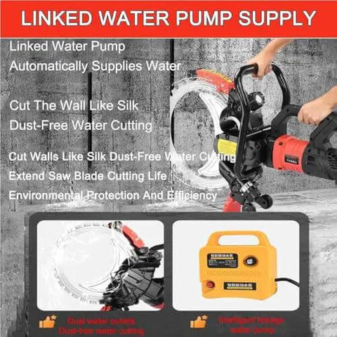 Heavy Duty Electric Concrete Circular Saw With Brushless Motor And Titanium Blade Using Water Cooling Dust Control For High Speed Cutting Through Granite And Hard Stone Runs Smooth With Zero Hassle And Straight Up Knockout Cuts, displaying linked water pump supply.