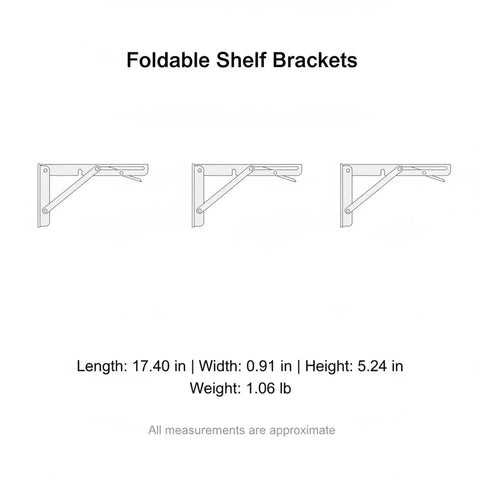 Illustration of Stainless Steel Wall Mount Foldable Brackets for Floating Shelves and Drop Leaf Tables, showing dimensions.