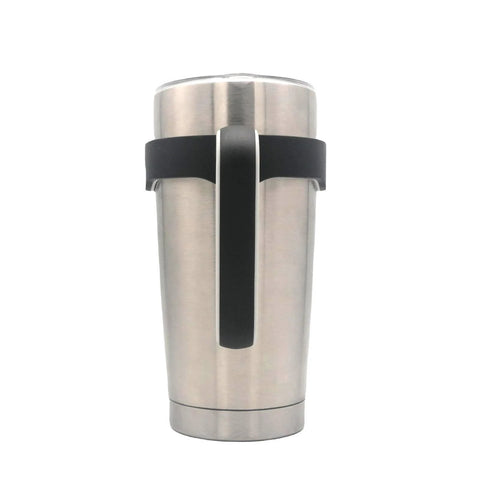 No Slip 20 Oz Tumbler Handle For Vacuum Insulated Mugs, Easy Grip Travel Cup Holder, Black, installed on silver 20 oz tumbler.