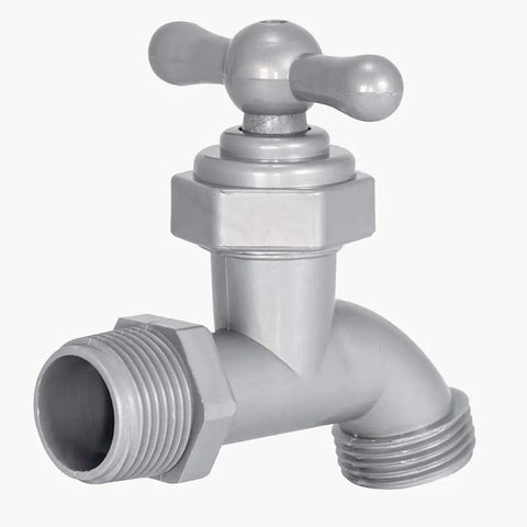 Pro Level Celcon Hose Bibb With 3/4 Inch Male Pipe Connection For Outdoor Irrigation And Garden Hoses, gray heavy-duty design.