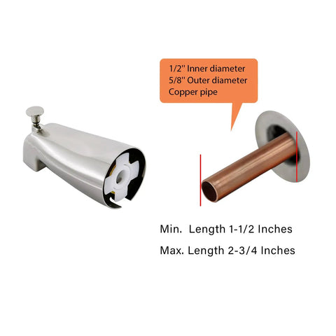 Slip Fit Tub Spout With Pull Up Diverter For Half Inch Copper Tubing In Brushed Nickel Finish showing tubing fit details