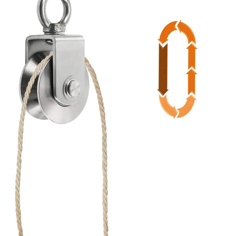 Two Pack Built Tough 304 Stainless Steel Track Pulleys With Rock Solid 360 Degree Swivel Rings and Double Ball Bearings for smooth sliding door glides on round tube tracks 25 mm slot, feature close-up.