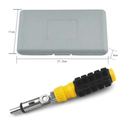Compact 41 Piece Mini Socket Wrench Set With Quick Change Sockets And Reversible Ratchet For Confined Spaces, gray case with yellow and black ratchet.