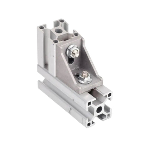 Close-up of Beefy Aluminum Profile Connector Kit with corner bracket attached to aluminum extrusion for 90-degree joint.