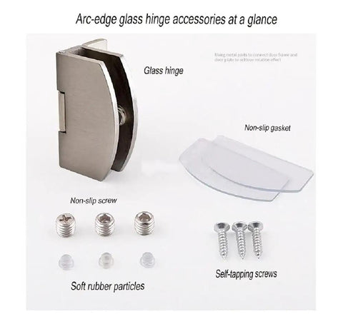 Premium Double Action Glass Cabinet Hinges In Sleek Silver Tone For Five To Seven Millimeter Panels Smooth Swinging Ninety Degree Pivot With Rock Solid Heavy Duty Frame Quick Install For Kitchen Cabinets And Bathrooms parts including arc-edge glass hinge and screws.