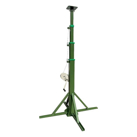 Hand Crank Telescopic Mast With Quadripod Base Extending Three To Ten Meters, green metal construction with manual crank and pulley.
