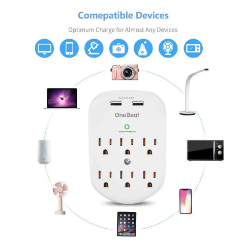 Six Outlet Surge Protector Power Strip With Two USB Ports Fast Charge 2.4A 490 Joules Surge Protection ETL Listed and compatible devices