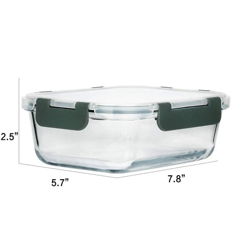 Eight Pack 30 Oz Glass Meal Prep Containers With Airtight Lids, shown with dimensions 7.8 x 5.7 x 2.5 inches, microwave safe