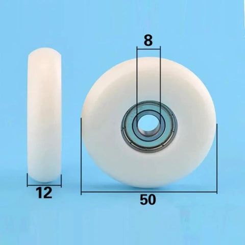 Heavy Duty Plastic Coated Ball Bearing Pulley Rollers Featuring Pom Spherical Cam Design And Slick Operation Smooth Glides Over Tracks For Windows Doors And Utility Carts 97Kg Capacity 10 Pack Bundle Built Tough showing dimensions 50mm diameter, 12mm thick, 8mm bore.