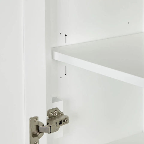 Inside view of 20 Inch Linen Cabinet showing adjustable shelf pins and soft close hinges, part of Top Notch 68 Inch Bathroom Vanity Set Packs 48 Inch Single Sink Base.