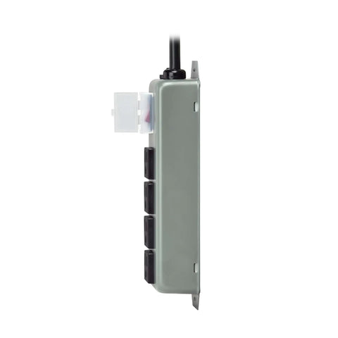 Side view of Rugged Four Outlet Heavy Duty Power Strip With Metal Housing Mountable For Wall Or Under Desk Use 6Ft Cord On Off Switch Cover