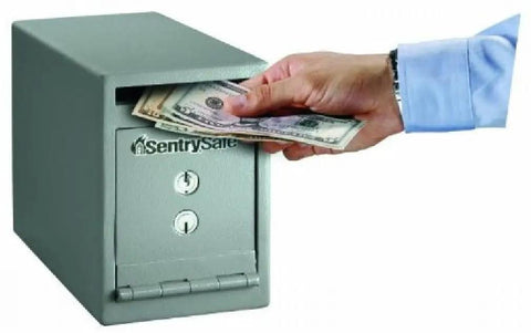 Person inserting cash into Compact Depository Safe With Dual Key Lock For Cash And Receipts, Steel Drop Slot Safe For Offices