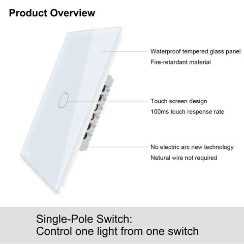 No Neutral Touch Light Switch With Tempered Glass Panel And Indicator Light For Modern Homes And Apartments 1 Gang 1 Way