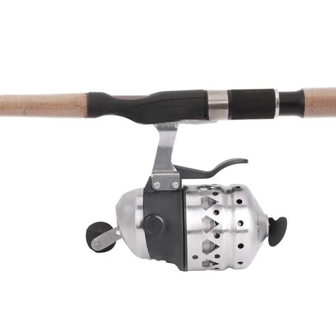 Ambidextrous Spincast Fishing Reel With Stainless Steel Build, 15Lb Line Capacity, attached to rod, visible side view