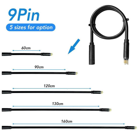 E Bike Motor Extension Cable 9 Pin Waterproof Female To Male Connector in 5 lengths from 60cm to 160cm, rugged design
