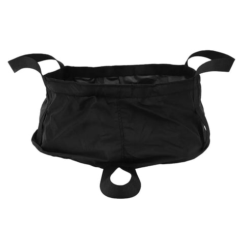 Black collapsible water bucket for camping and outdoor adventures, easy fold 8.5L wash basin with storage bag, lightweight nylon portable sink.