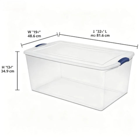 Ginormous 105 Quart Clear Storage Bin With Blue Secure Latch Heavy Duty Plastic Tote For Bulky Seasonal Gear And Bedding Keeps Your Space Spiffy And Makes Organization A Breeze, showcasing dimensions 32x19x13 inches.