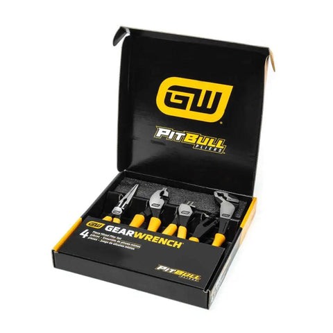 4 Piece Mixed Dipped Material Pliers Set With K9 Jaw Design High Leverage Joint in open box showcasing tool arrangement