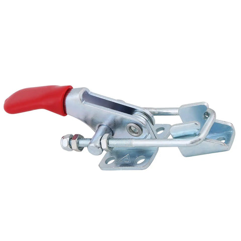 Heavy Duty Toggle Clamp Set With Ergonomic Grip For Metal Assembly And Welding Workholding Featuring 360 Lbs Holding Power close-up view of clamp with red handle.
