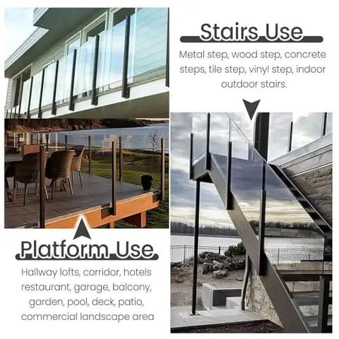 Top Tier Black Glass Railing Kit With Stainless Steel Deck Support for stairs and platform uses in outdoor settings.
