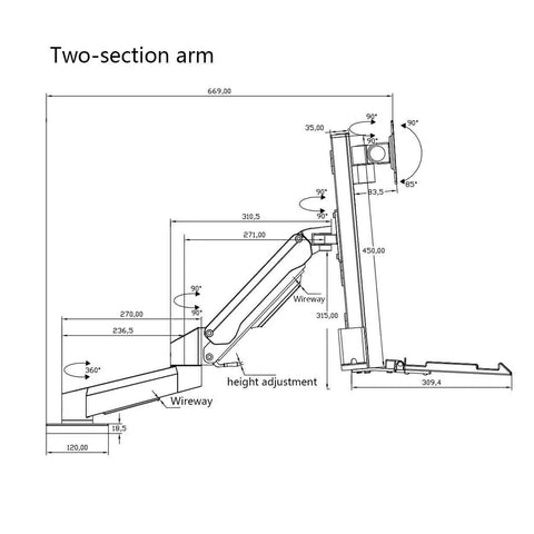 Technical drawing of dual monitor arm featuring air pressure height adjustment and industrial grade desk clamp mount.