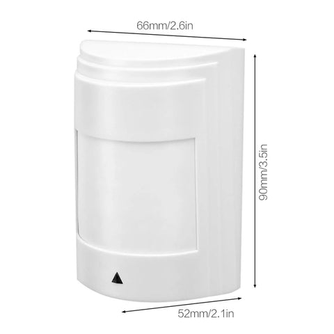 Wired Dual PIR Motion Sensor With 12V High Decibel Infrared Alarm, compact white design, dimensions 66mm x 90mm x 52mm for home security.
