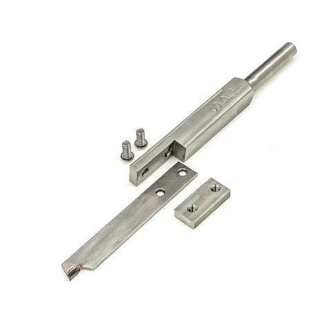 Premium Brazed Carbide Parting And Grooving Tool For Wood Turning Lathe With Rock Solid Eight Inch Aluminum Handle Tough As Nails Grip Designed To Nail Every Cut Made In Usa, showing tool parts and screws.