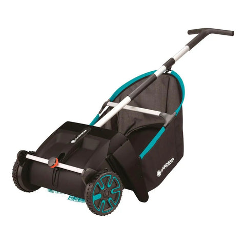 Durable Lawn Sweeper For Leaves And Grass Clippings, black mesh hopper, upright push design, big capacity, no fuss maneuvering