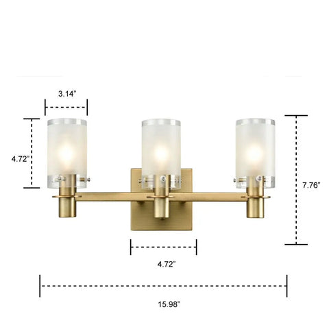 Three Light Vanity Wall Sconce With Explosion-Proof Frosted Glass Shade, gold finish, 3 E12 bulbs, front view dimensions shown