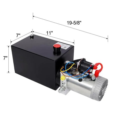 Heavy Duty 12V DC Hydraulic Power Unit With 8 Quart Steel Tank, 3HP pump, compact design, 19-5/8" long.