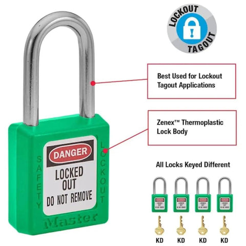 Heavy Duty Lockout Tagout Safety Padlock Green OSHA Compliant Non Conductive Thermoplastic Body Built Like A Tank with danger label.