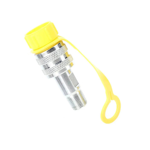 Heavy Duty Hydraulic Quick Connect Couplers ZG3/8 Plated Male Female Adapter Kit showing a steel connector with yellow cap
