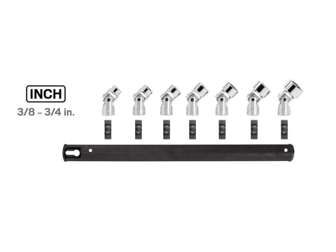 Go-To Three Eighths Inch Drive Shallow 6-Point Universal Joint Socket Set With Rail, Seven-Piece From Three Eighths To Three Quarters Inch