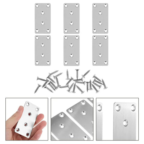 Six Pack Stainless Steel Flat Mending Plates For Furniture Repair And Corner Joining with screws for installation.
