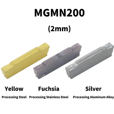 Three MGMN200 blades in yellow, fuchsia, and silver for Beefy Grooving Tool Holder MGEHR1212-2 For CNC Lathe.
