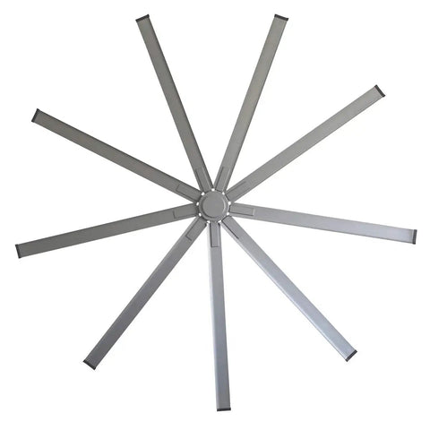 96 Inch Heavy Duty Industrial Ceiling Fan In Slick Silver With Six Speed Remote Control, showing blades from above.