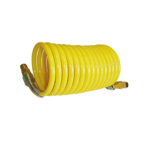 Top Shelf 18 Gauge CO2 Brad Nailer Kit With Full Tank And Hose Gear featuring a coiled yellow air hose with connectors.