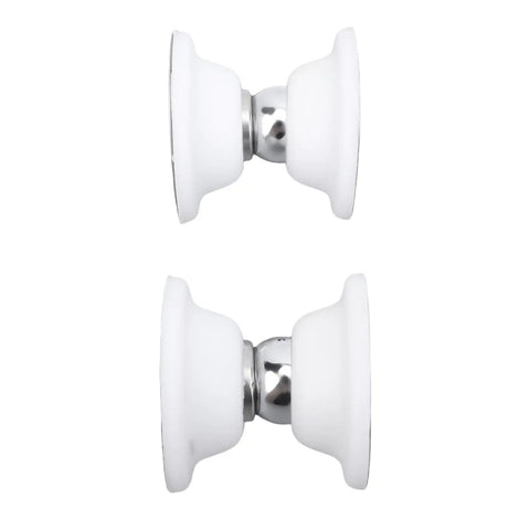 Secure Your RV With This Heavy Duty Magnetic Door Stopper That Holds Strong Travel Doors Shut And Stops Slamming Noise On The Road For Peace Of Mind While Cam핑 Or Driving Toward Your Next Adventure! Two white magnetic door stoppers with metal ball.