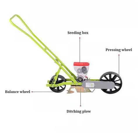 Diagram of Top Notch Precision Garden Seeder And Row Planter showing seeding box, balance wheel, and pressing wheel