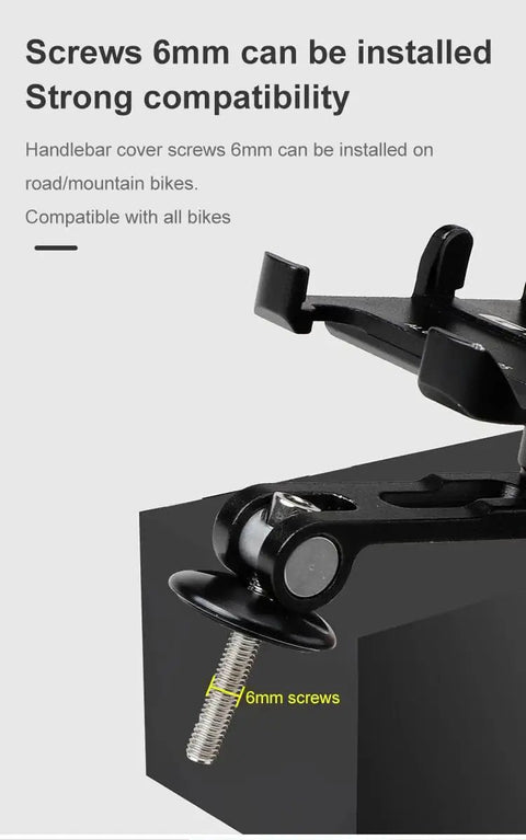 Adjustable Aluminum Alloy Bike Stem Phone Mount with 6mm screws and bracket, compatible with road and mountain bikes.