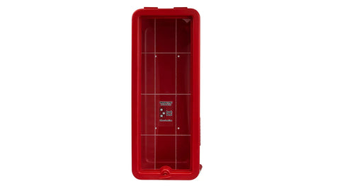 Rugged Red Surface Mount Fire Extinguisher Cabinet With Integrated Hammer Tool For Five Pound Extinguisher Outdoor view front
