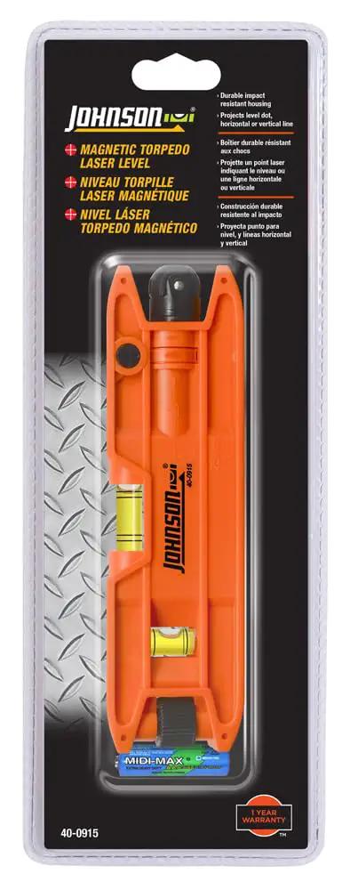 Magnetic Torpedo Laser Level 2x6 Inch Orange For Tight Spaces in retail packaging with visible tool details and features