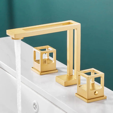 Slick Brushed Gold Widespread Bathroom Faucet 8 Inch Centers 3 Holes Dual Handle Vanity Sink Mixer with Aerator Spout.