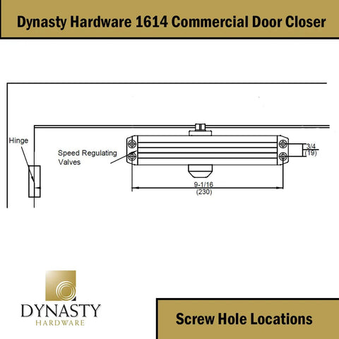 Diagram of Grade 1 Heavy Duty Commercial Door Closer With Adjustable Spring Size 1-4, showing screw hole locations and speed valves.
