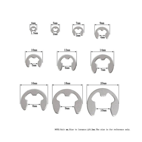 304 Stainless Steel E Clip Washer Assortment Kit For Shaft Circlip Retaining Rings M1.5 To M10 120Pcs Size Chart