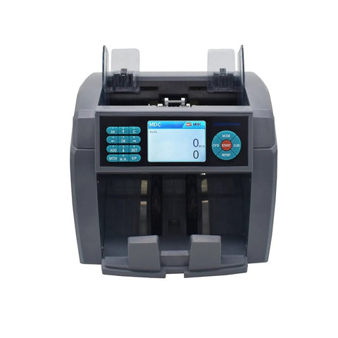 Hassle Free Workhorse Multi Currency Money Counter And Counterfeit Detector With Mixed Denomination Bill Sorting And Fast Digital Screen for banking cash flow, gray unit with digital display.